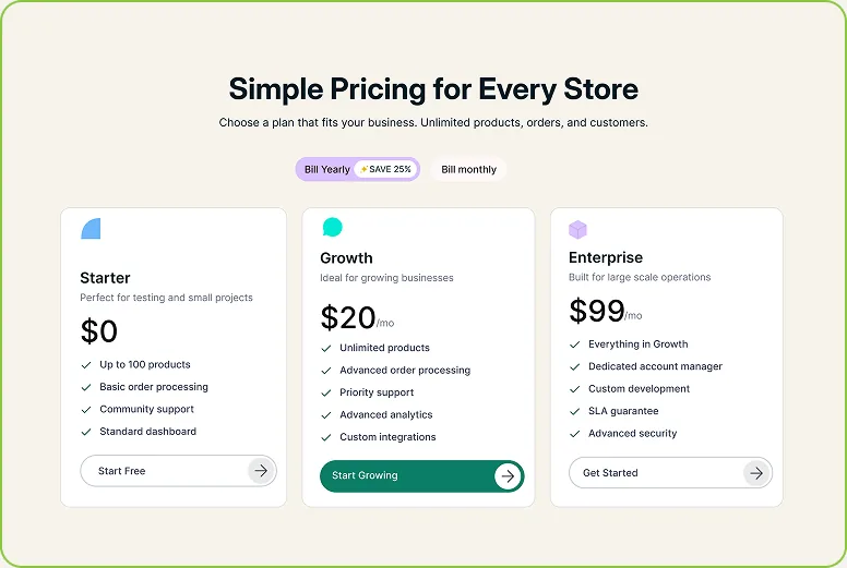 Simple pricing for every store — Starter, Growth and Enterprise plans