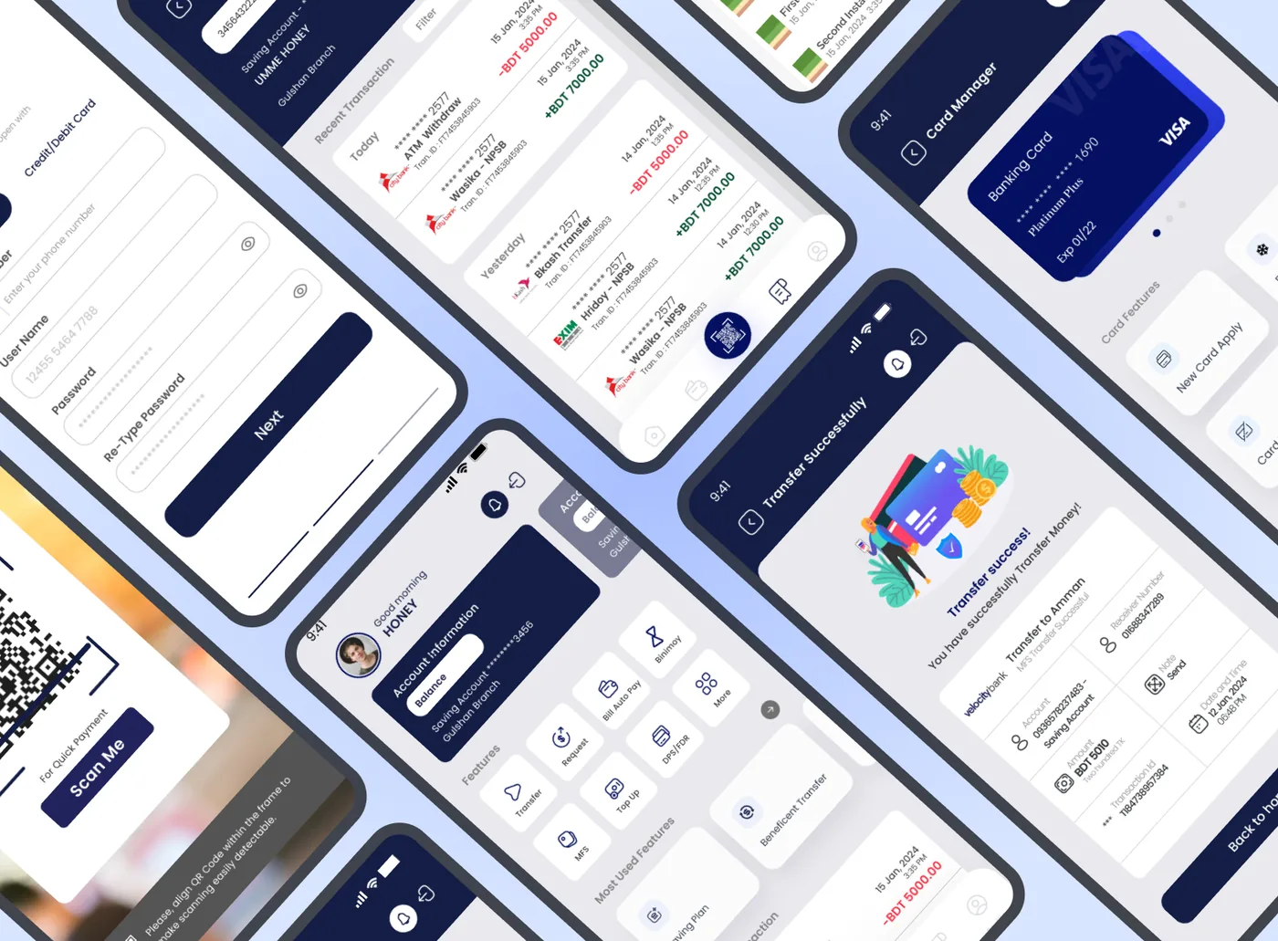 Velocity Bank flows — transaction history, request to pay and payment success